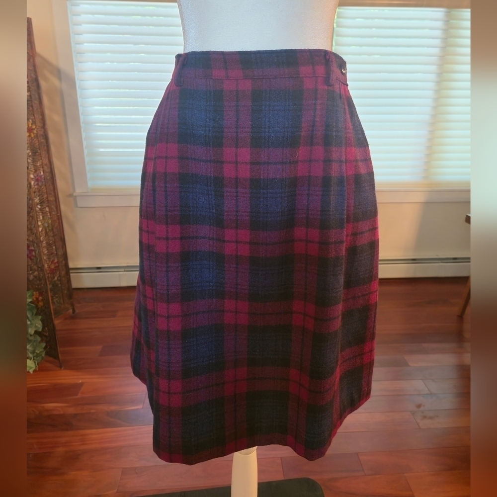 VTG Woolrich Tartan Plaid Wool Burgundy Red Blue Black Mini Skirt Womens Large
